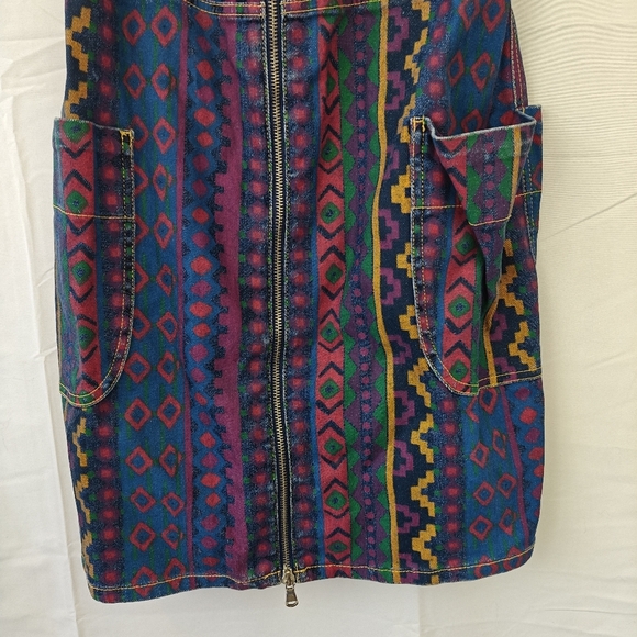 Marc By Marc Jacobs Overall Aztec Colorful Printed Denim Zip Up Mini Dress Sz 8 - Picture 5 of 16